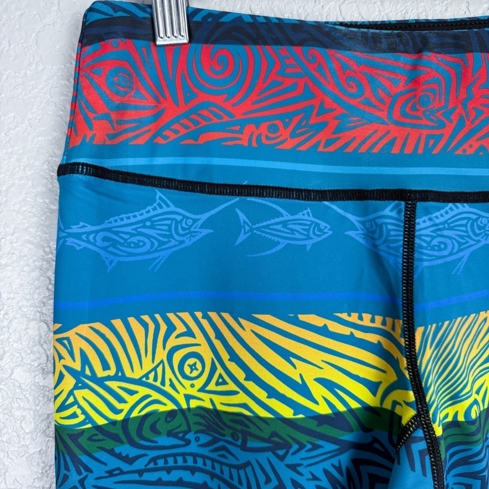 Pelagic NWT Oceanflex Active Leggings M Teal Blue Fish Stripes Island Hawaiian - Picture 6 of 11